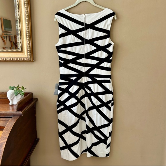 Tadashi Shoji Black and White Geometric Ribbon Cocktail Sheath Dress Size L NWT - Picture 5 of 8